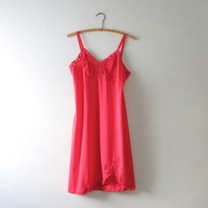 Vintage 60s Red Slip Dress M | Embroidered Floral‎ Nylon Bombshell Femme Fatale